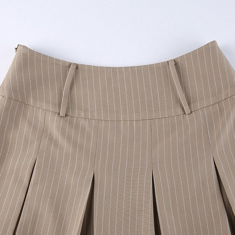 Y2K Khaki & Pleated Decorated Preppy Striped High Waisted - Etsy