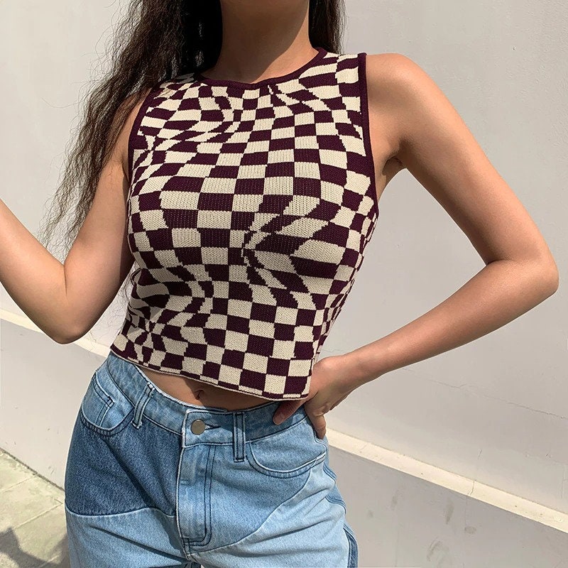 Y2K Plaid Knitted Designed Sleveless Sexy Cropped Tank Top | Etsy