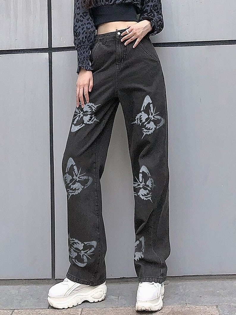 Butterfly Print High Waisted Gray Denim Pants / Vintage / Streetwear / Harajuku / Alternative / Grunge / Y2K 