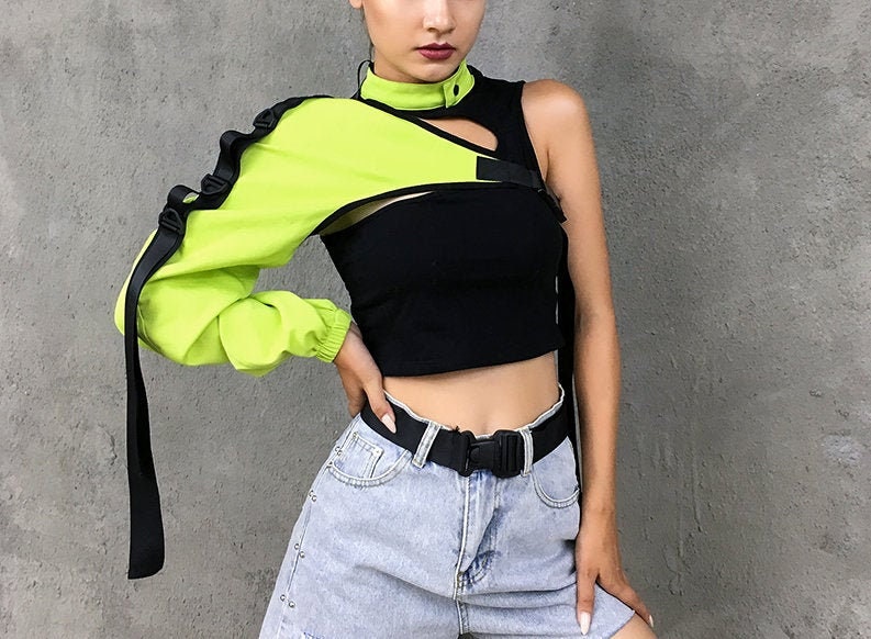 Neon Green - Reflective - Black Colored, Turtleneck, One Shoulder, Sl…