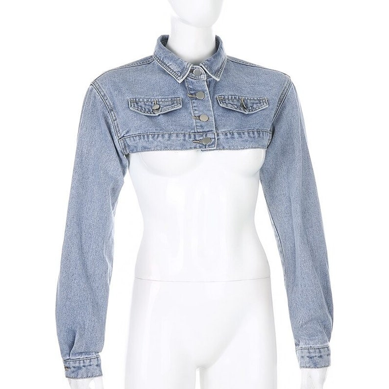 Y2K Turndown Collar & Button up Cropped Blue Denim Jean Etsy