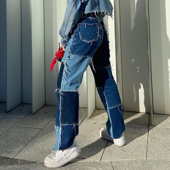 Y2K Patchwork Decorated High Waisted 
