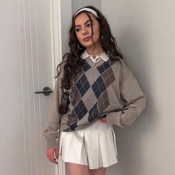 Y2K Argyle Plaid Long Sleeve Jumper 