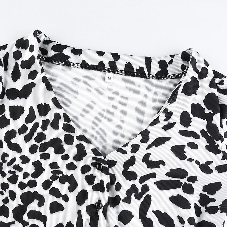Black And White Leopard Print Long Sleeve V Neck Sexy Summer Etsy
