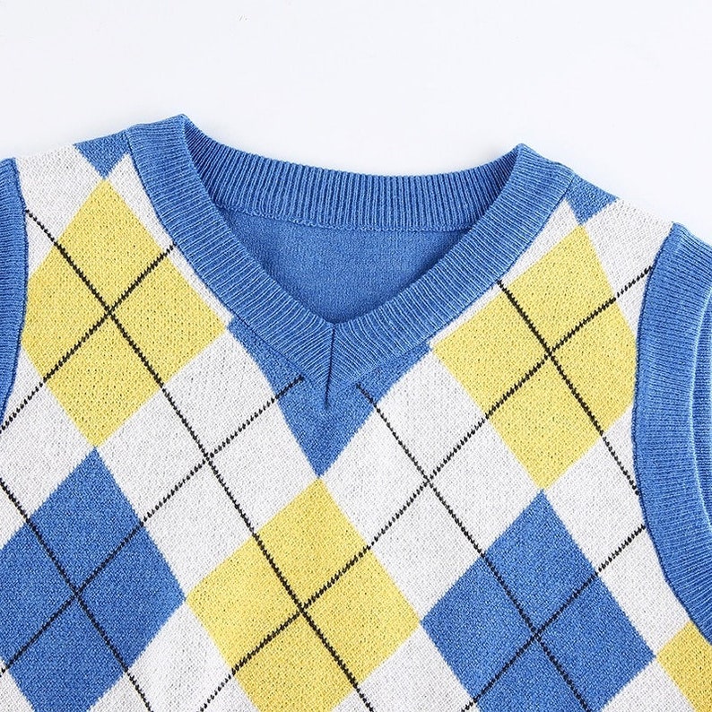 Y2K Argyle Plaid V-Neck Crop Top Sweater Vest Summerwear Partywear Streetwear Beachwear Festivalwear Ravewear Y2K