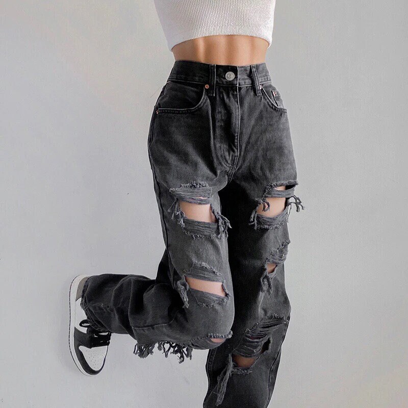 Y2K Holes Ripped Designed High Waisted, Sexy, Disstressed Black Denim…