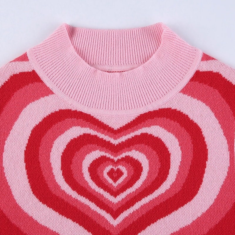Y2K Heart Print Sleveless Pullover Cropped Mockneck Pink | Etsy