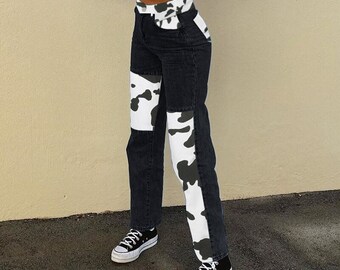 Y2K Patchwork & Cow Print Decorated, High Waisted, Sexy Denim Pants / Ravewear / Autumnwear / Harajuku / Winterwear / Streetwear / Punkwear