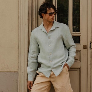Classic linen shirt for men HECTOR. Men&#39;s linen summer shirt. Sage green linen shirt for men