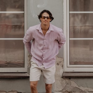 Classic linen shirt for men HECTOR. Men&#39;s linen summer shirt. Dusty rose linen shirt for men