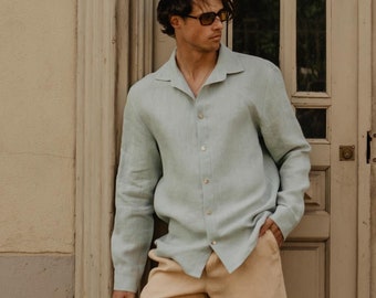 Classic linen shirt for men HECTOR. Men's linen summer shirt. Sage green linen shirt for men