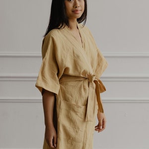 MIDNIGHT linen bathrobe. Linen robe Japanese. Linen loungewear for women
