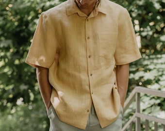 Oversized linen shirt for men MAGNUS. Men's linen summer shirt with short sleeves. Mustard linen shirt