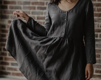 Linen mid-length dress LAPLAND. Linen dress for women. Linen dress with sleeves