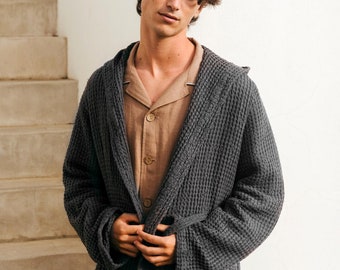 Waffle linen bathrobe. Men's waffle robe.