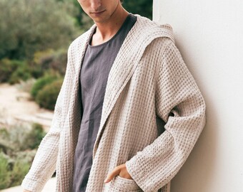 Waffle linen bathrobe. Men's waffle robe.
