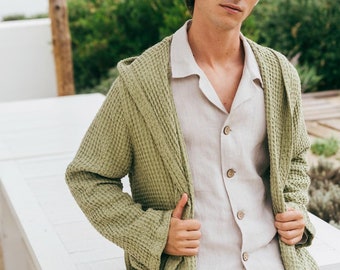 Waffle linen bathrobe. Men's waffle robe.