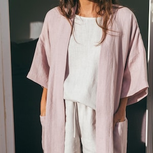 MIDNIGHT linen bathrobe. Linen robe Japanese. Linen loungewear for women