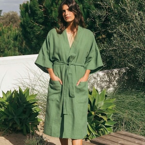 MIDNIGHT linen bathrobe. Linen robe Japanese. Linen loungewear for women