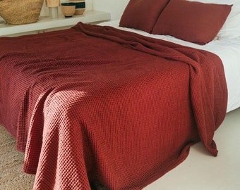 Linen bed spread in Terracotta. Brick red waffle linen blanket. Terracotta bed throw. Linen waffle sofa cover.