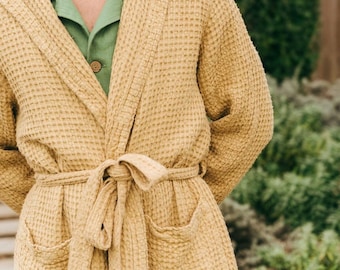 Waffle linen bathrobe. Men's waffle robe.