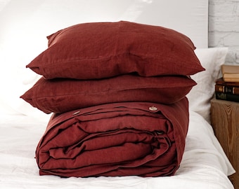 Terracotta linen bedding. Bohemian duvet cover full.