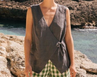 Linen wrap top BLANCA. Linen vest. Linen top for women.