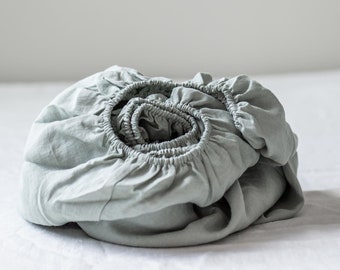 Linen fitted sheet in Sage Green. Queen, king fitted sheet