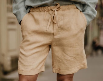 Classic linen shorts for men ARES. Men's linen summer shorts in mustard