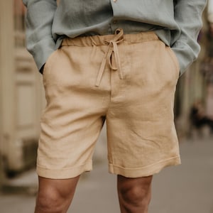 Classic linen shorts for men ARES. Men's linen summer shorts in mustard image 1