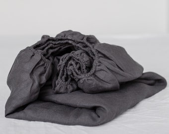 Linen fitted sheet in Charcoal. Linen fitted sheet cal king