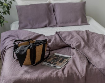 Lilac linen bedding set. Dusty Lavender linen duvet set. Linen bedding set queen