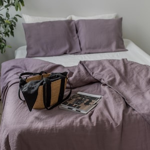 Lilac linen bedding set. Dusty Lavender linen duvet set. Linen bedding set queen