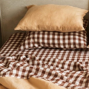 Mocha Gingham linen sheets set. Minimalist linen bedding