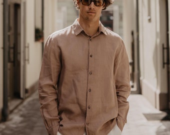 Classic linen shirt for men HECTOR. Men's linen summer shirt. Rosy brown linen shirt for men