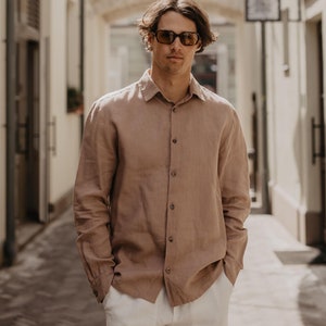Classic linen shirt for men HECTOR. Men&#39;s linen summer shirt. Rosy brown linen shirt for men