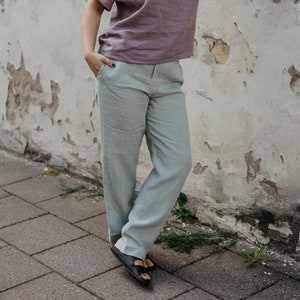 MALMO linen pants. Classic style linen pants. Linen pants for women. SAGE GREEN