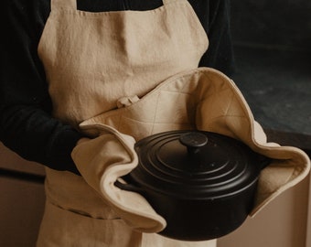 Leinen Ofenhandschuh für 2 Topflappen. Küchenhandschuh aus Leinen. Doppelter Ofenhandschuh