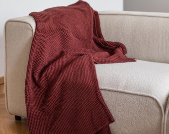 Linen bed spread in Terracotta. Brick red waffle linen blanket. Terracotta bed throw. Linen waffle sofa cover.