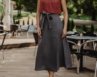 Linen wrap skirt IRIS. Boho linen skirt. Office linen skirt