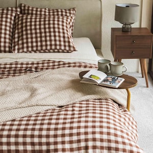 Mocha Gingham linen bedding. Bohemian duvet cover full.