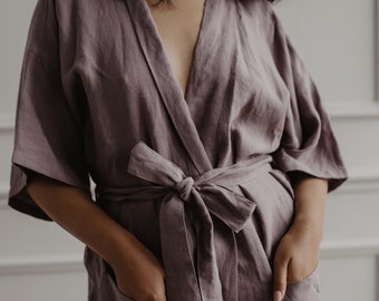 MIDNIGHT linen bathrobe in DUSTY LAVENDER. Linen robe Japanese. Linen loungewear for women