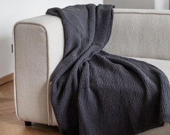 Linen waffle blanket in Charcoal. Dark waffle sofa cover. Linen waffle bed spread
