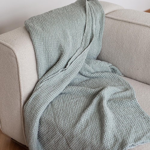 Linen Waffle Blanket in Sage Green. Sofa Cover in Green. Linen Etsy