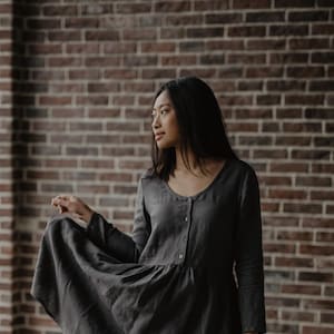 Linen mid-length dress LAPLAND. Linen dress for women. Linen dress with sleeves