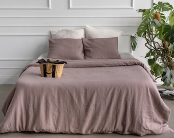 Beige linen bedding set. Queen duvet cover set. Linen duvet cover in Rosy Brown