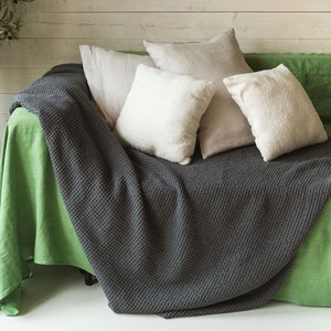 Linen bed throw in Charcoal. Linen bed spread. Waffle blanket