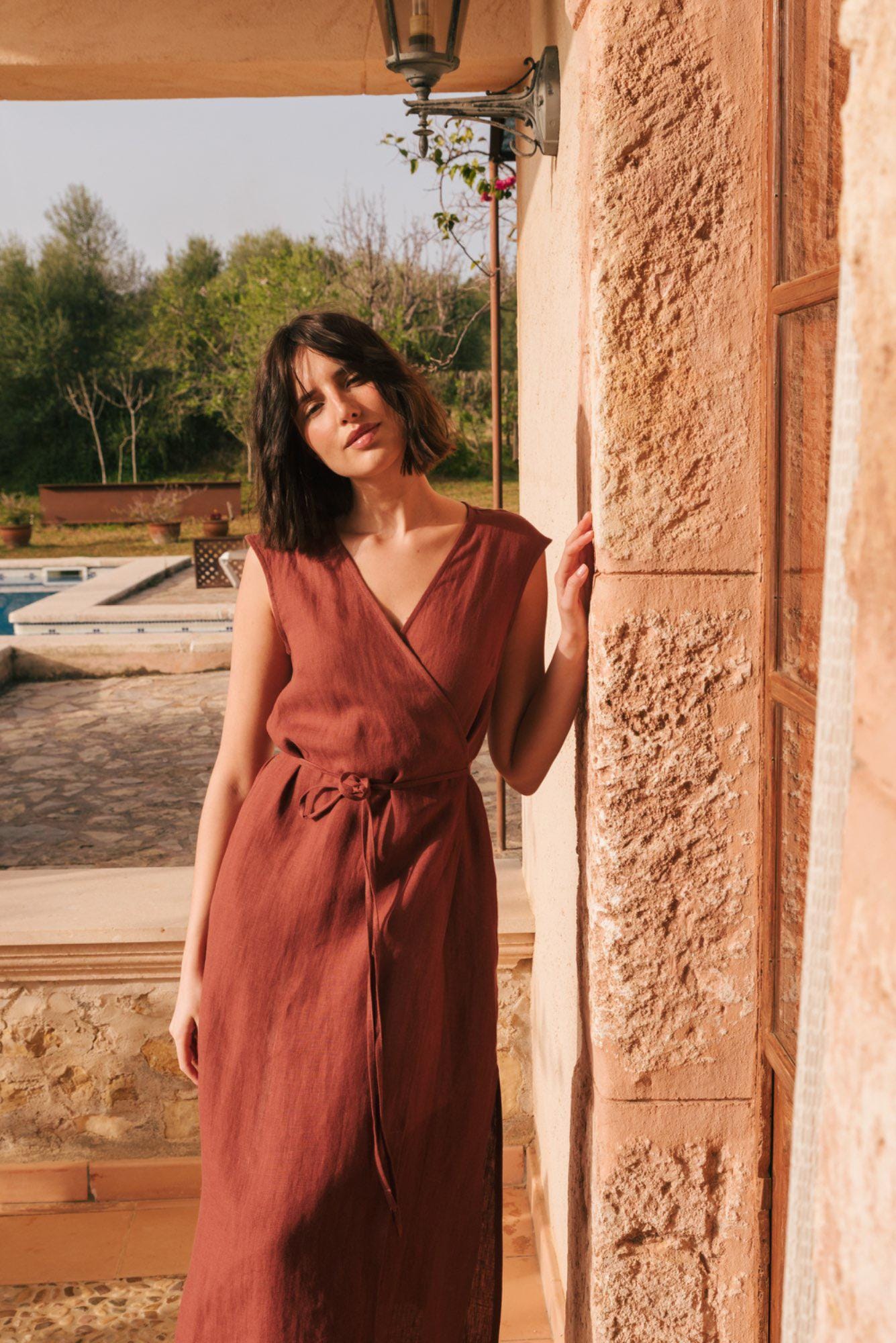 chinese dress ladies Linen Wrap Dress Yoho in Aurora Red