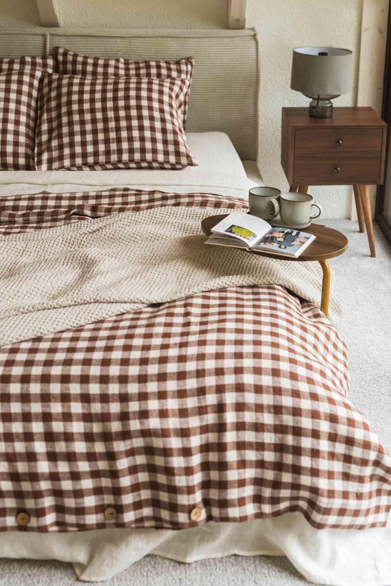 Mocha Gingham linen bedding. Bohemian duvet cover full.