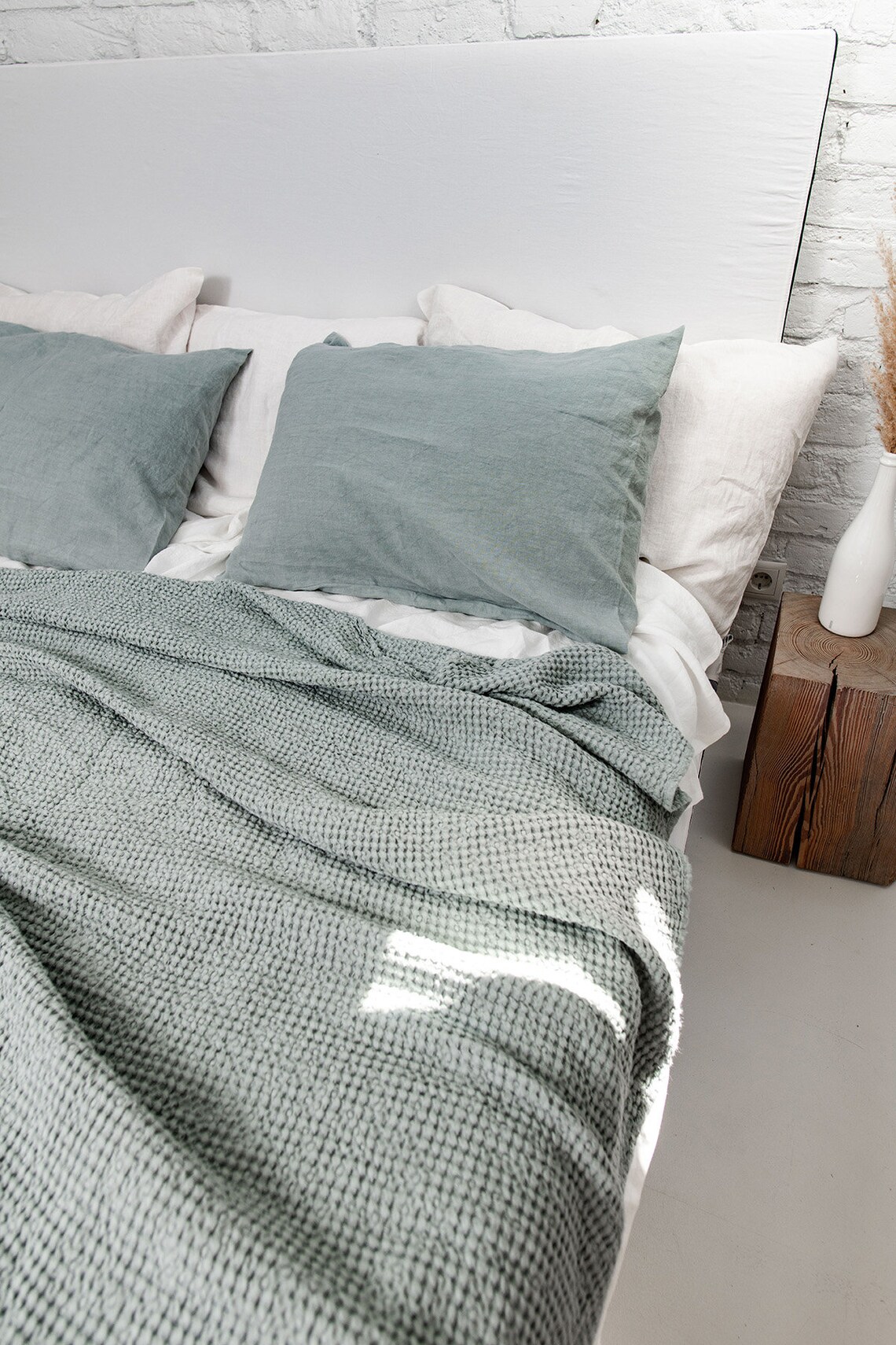 Sage Green Waffle Blanket Natural Minimalist Linen Cotton Etsy